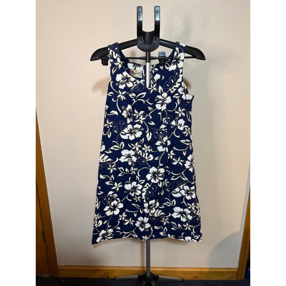 Hilo Hattie Hawaiian Original Dress Navy Blue White Hibiscus Floral Size 10
